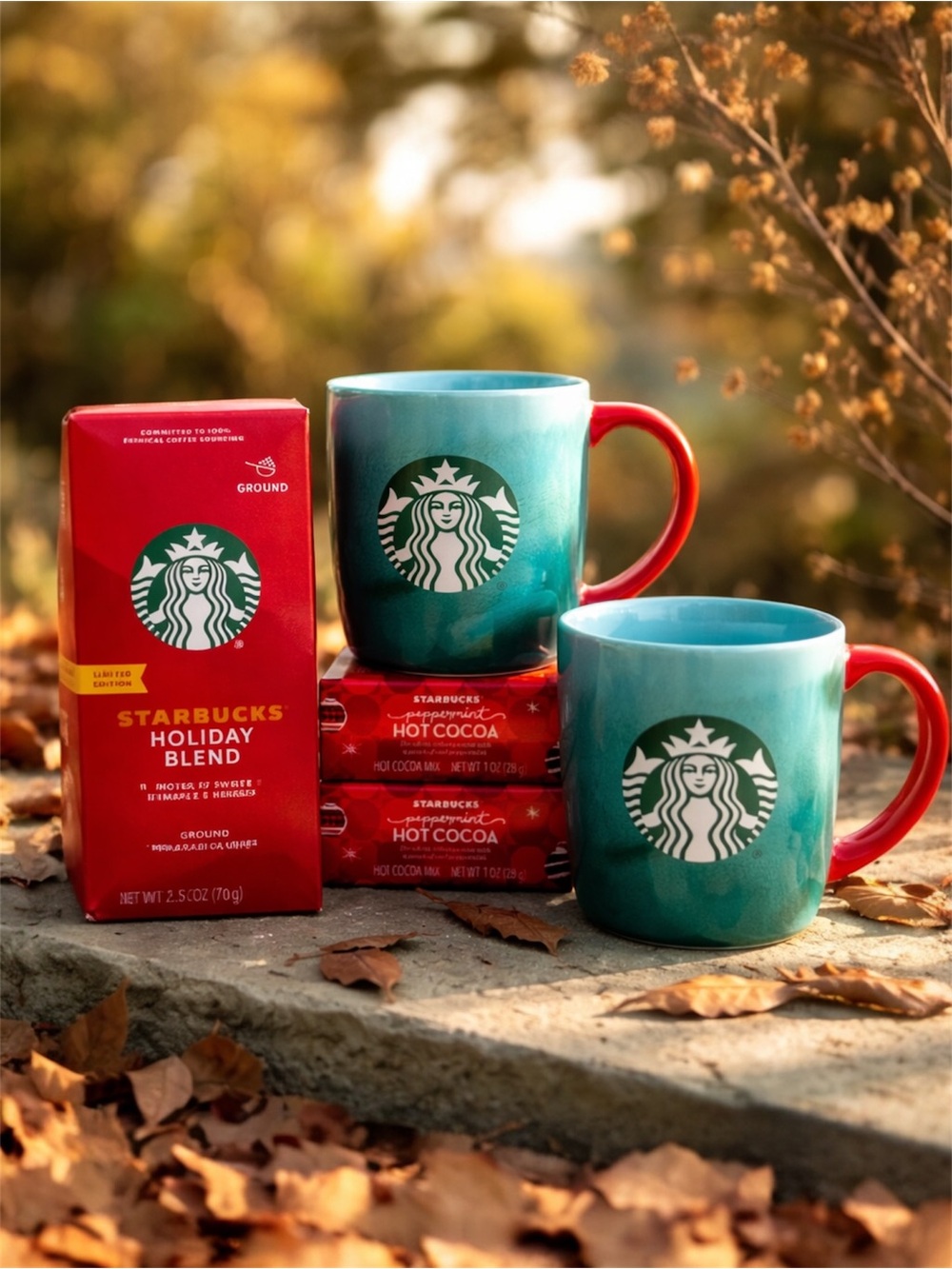 2 Starbucks Holiday Coffee Cups & Cocoa -Coffee Gift Set